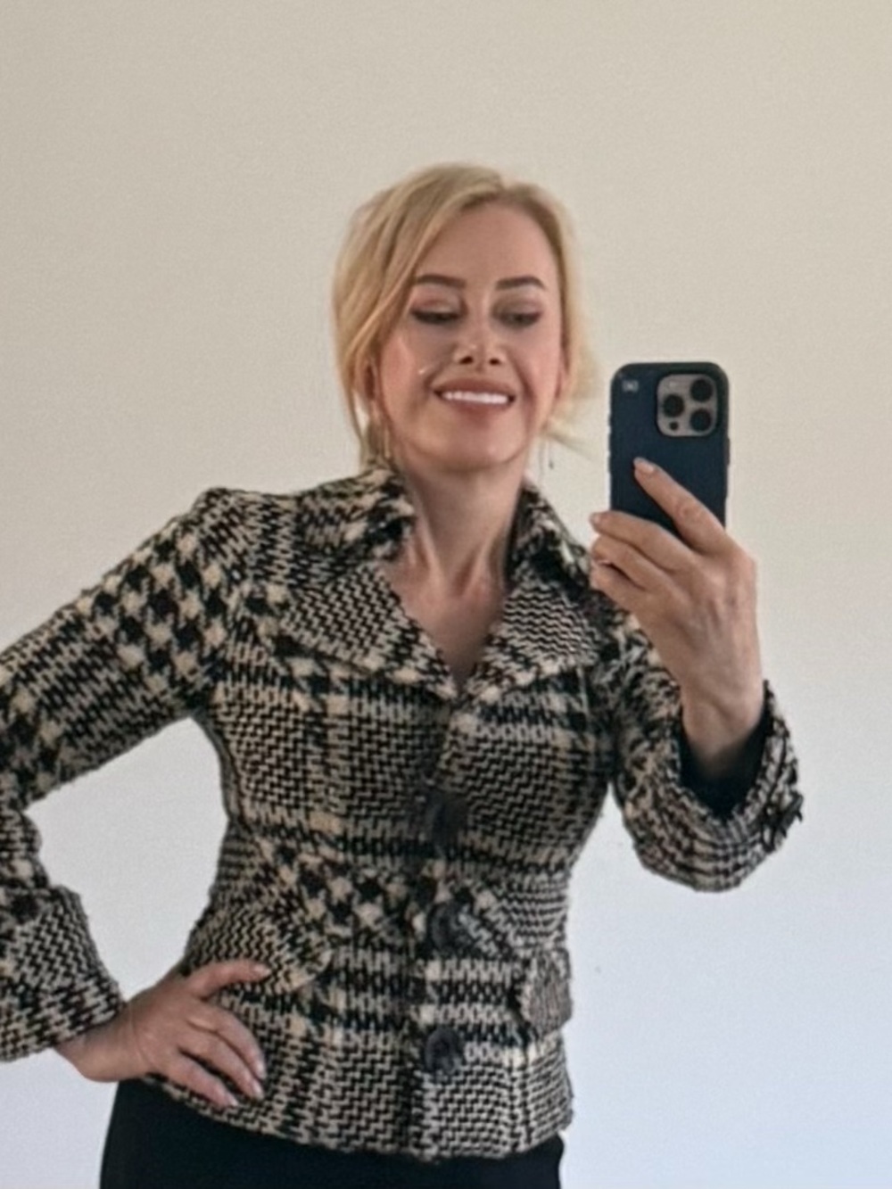 Nanette Lepore Black & Cream Houndstooth Tweed Blazer